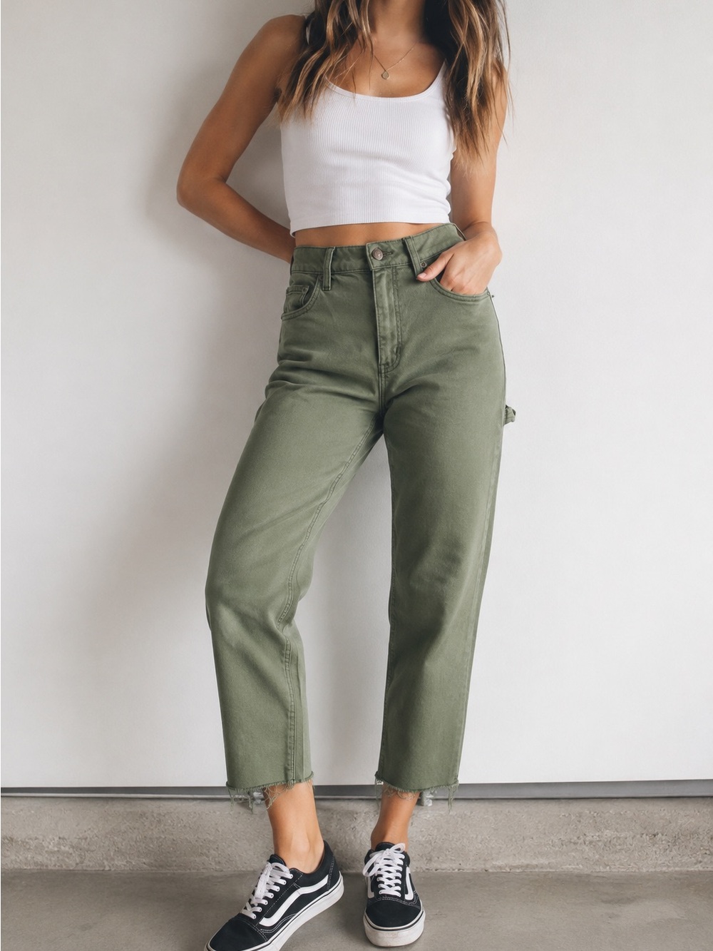 High-Rise Olive Cropped Caroenter Straight Jeans for Women size 25
